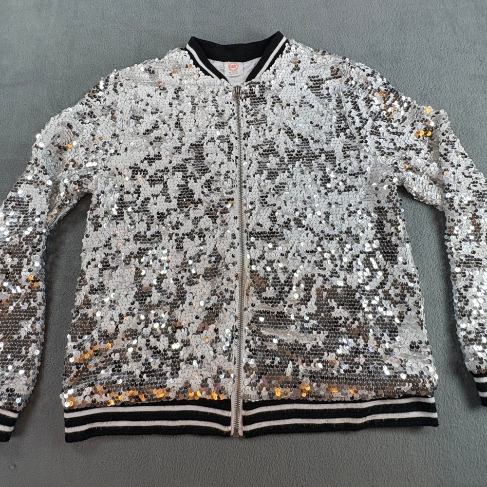 Wonder Nation Girls Silver Sequin Bomber Jacket Full Zip XL 14-16 Sparkly